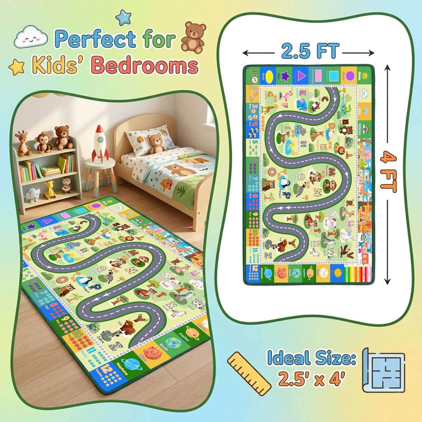 ABC Rugs for Kids Playroom, ABC Alphabet Rug with Animals Seasons Road Design, Non Slip Play Mat for Bedroom Nursery, Educational Learning Carpet for Boys Girls, 2.5x4 Feet