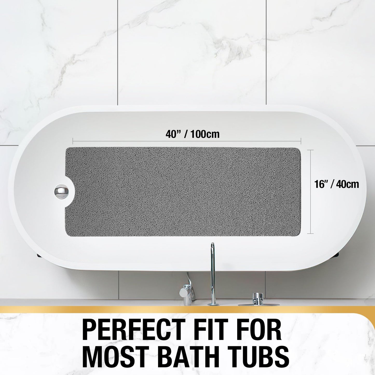 HITSLAM Non Slip Bathtub Mat 40 x 16 Inch, Extra Long Bath Mat for Tub, Soft PVC Loofah Shower Floor Mat with Drain, Quick Drying Bathroom Tub Mat for Wet Area, Without Suction Cup, Grey