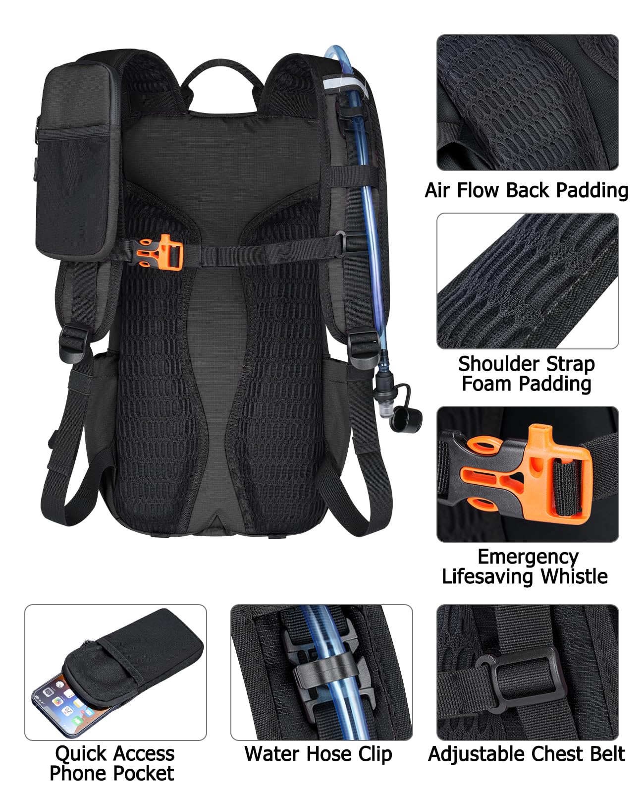 NOOLA Hydration Hiking Backpack with 3L Water Bladder - 22L Water Backpack for Cycling, Running, Biking - Lightweight Hiking Pack Bag with Rain Cover, Phone Holder and Trekking Pole Holders, Black