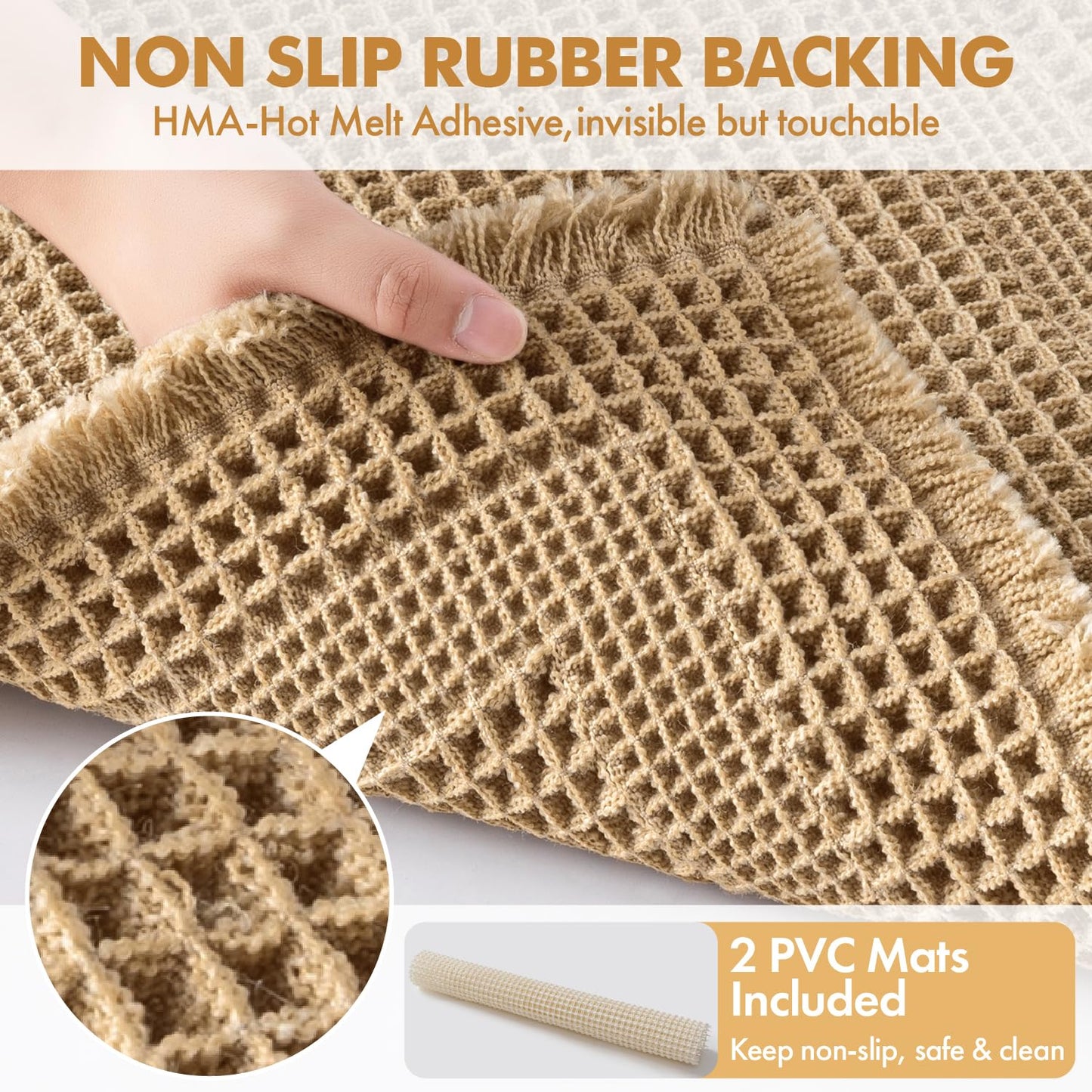 MIULEE Set of 2 Waffle Bathroom Rugs, Boho Bath Rug Super Absorbent, Non Slip Washable Ultra Soft Rubber Backed Shower Bath Mats for Floor, Tub, Shower, Looped Design, Brown, 17"x24"+18"x30"