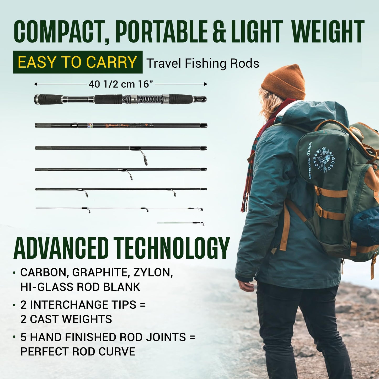 Rigged and Ready World Traveller Rod Reel Case Combination + 2 Tips 215+190cm (7'+6'3") Angling Travel Pole. Bait Carp Pike Spinning Rod for Freshwater Saltwater Sea Fishing