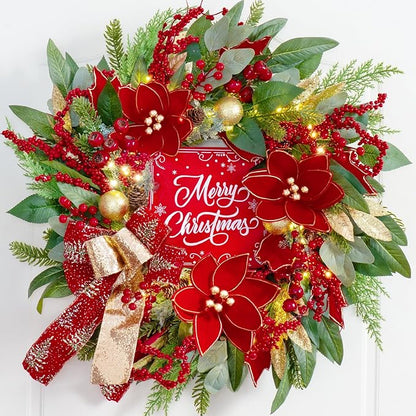 Christmas Wreath with Lights, 24 Inch Lighted Christmas Wreath for Front Door, Winter Wreath with LED Lights, red Berries, Pinecones, Gold Ball, Red Bow, Merry Christmas Sign for Indoor or Outdoor