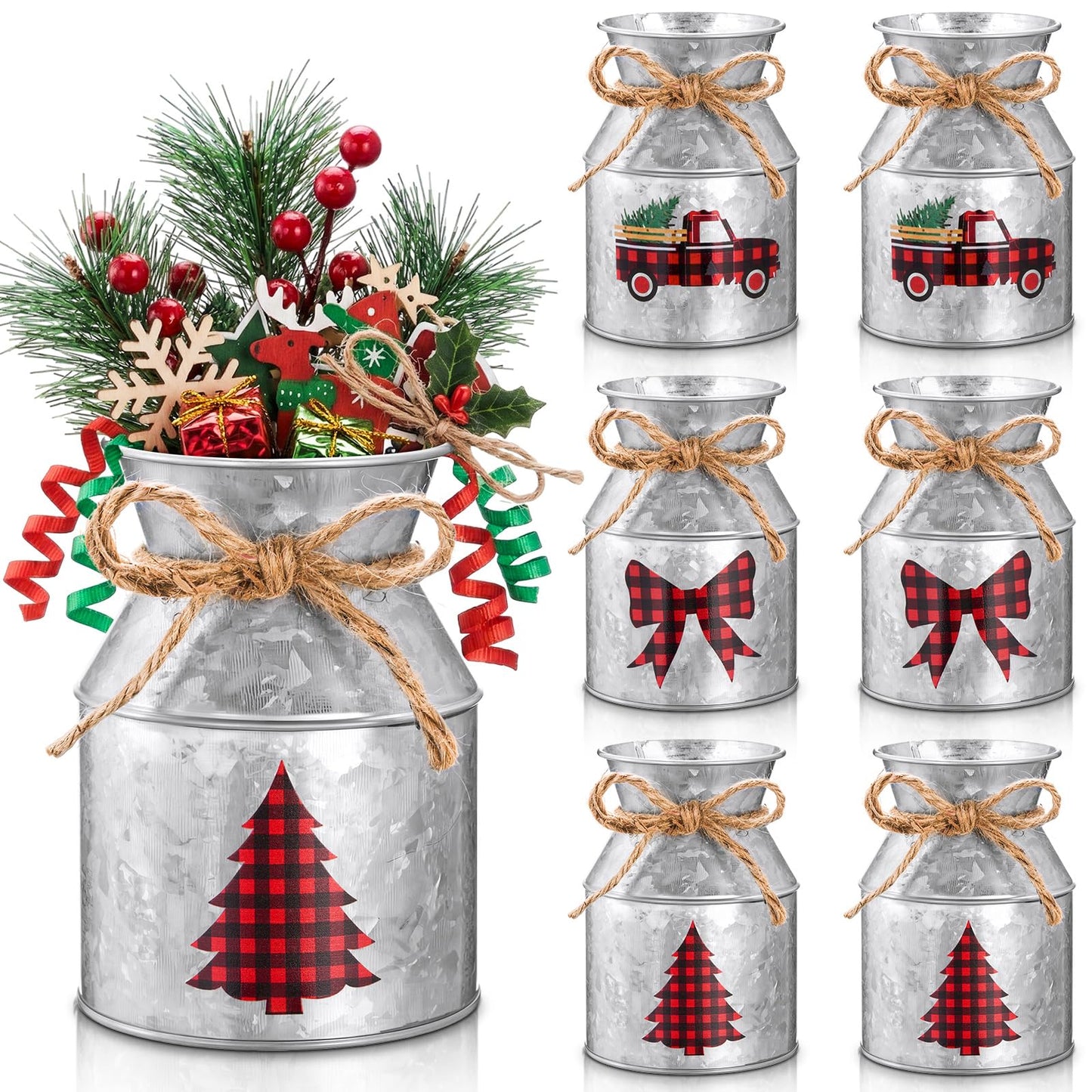 Domensi 6 Pcs Christmas Flower Vases for Table Centerpieces Bulk 5.12 Inch Rustic Metal Galvanized Flower Buckets with Bow Farmhouse Buffalo Plaid Xmas Milk Can Jug for Kitchen Dining Table Decor