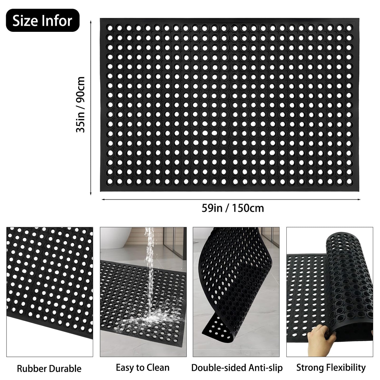 Nexboraque Large Rubber Mat Heavy Duty Drainage Mat 59" x 35" Anti-Fatigue Floor Mat for Kitchens Garage Garden Restaurants Workshops Indoor Outdoor