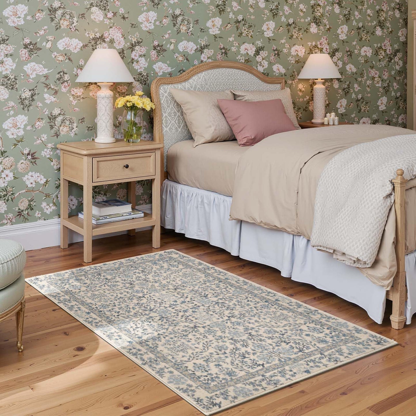 jinchan Zenith Floral 3x5 Area Rug Machine Washable Soft Low-Pile Non-Slip Vintage Botanical Aesthetic Throw Carpet for Entryway Bedroom Kitchen Living Room Nursery Blue/Cream