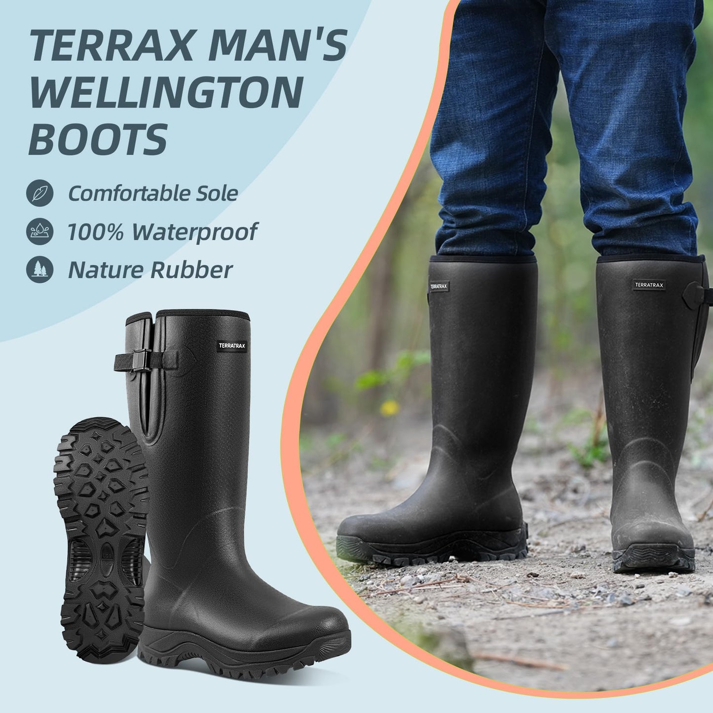 TerraTrax Men's Waterproof Insulated Rubber Hunting Boots - Wellington All-Season Outdoor Work Boots