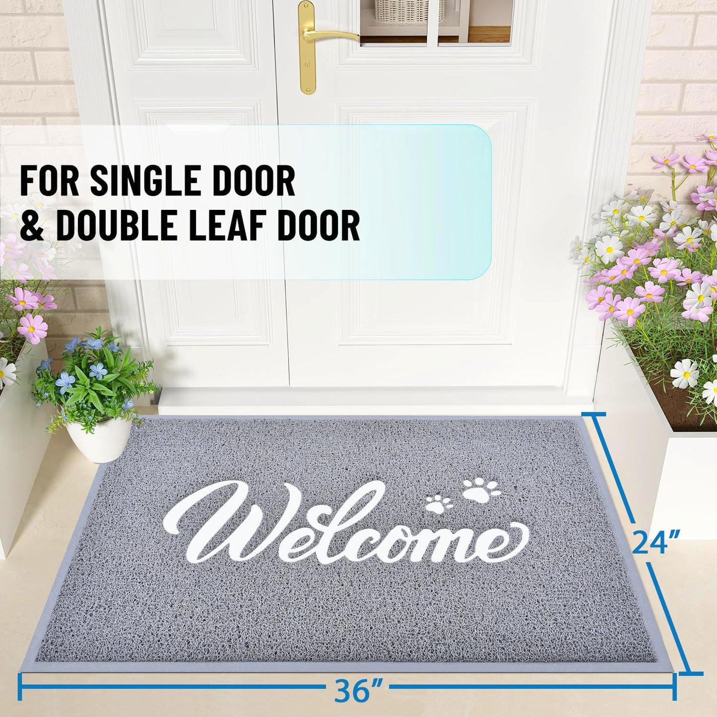T.HENV Welcome Mat Outdoor, 36x24 All-Season Waterproof Front Door Mat, All-Weather Quick Drying Doormat, Low Profile Indoor, Patio Porch Entryway Floor, Grey-White