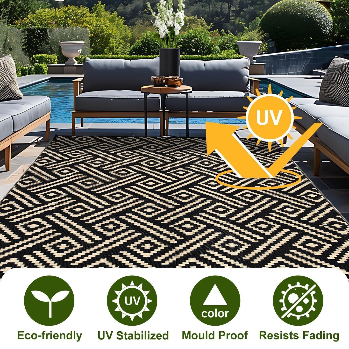 OPPODREAM Outdoor Rug 5x7 Ft, Waterproof Outdoor Plastic Straw Rug for Patio, Reversible Out Door Carpet for Camping, Deck, Rv, 5 x 7 Area Carpet for Balcony, Porch, Backyard, Black and Beige