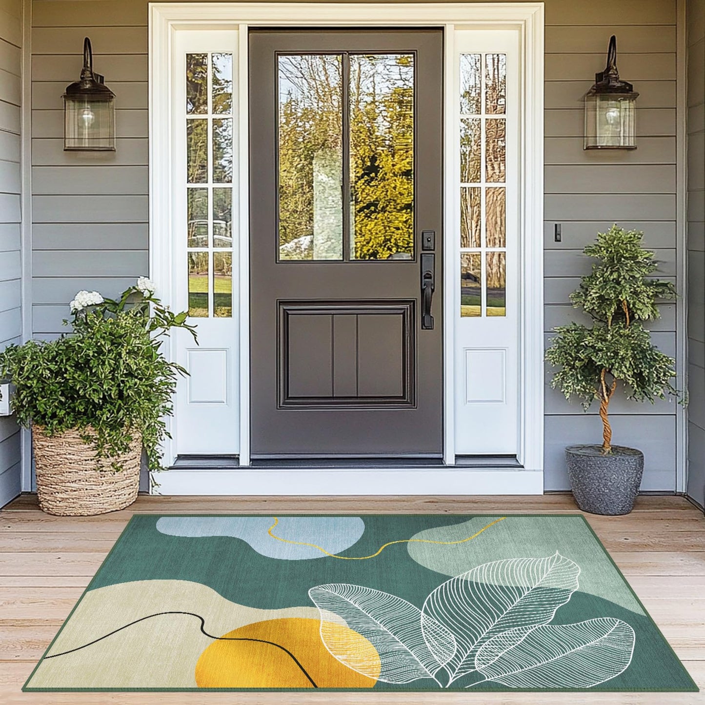 3x5 Green Tropical Area Rug for Living Room, Mid Century Boho Leaf Non-Slip Washable Botanical Print Indoor Floor Carpet, Modern Rugs for Bedroom Dining Room Laundry Room Office
