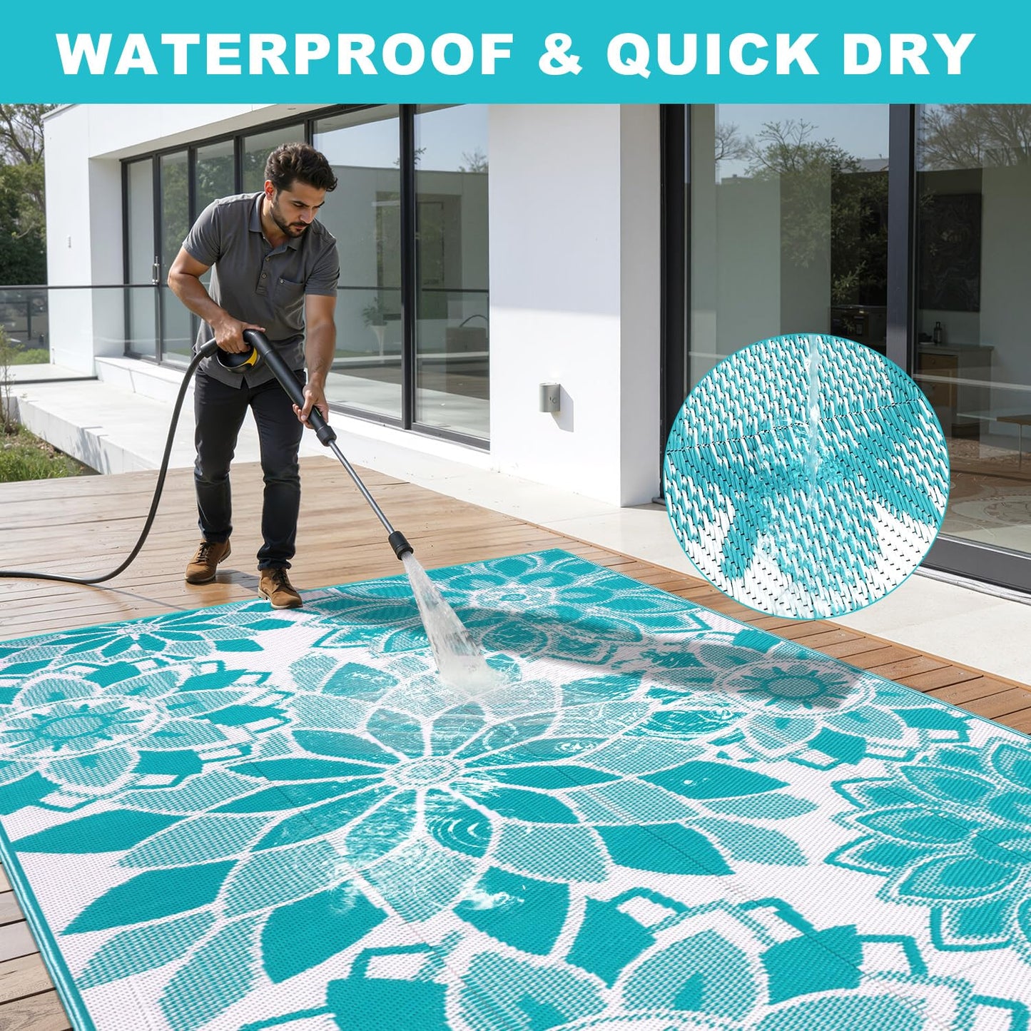 LOKHOM Outdoor Rug for Patio 8x10 ft Reversible Plastic Straw Patio Camping Rug, Floral Waterproof RV Mat for Camper Indoor Outdoor Carpet for Deck Porch Picnic Beach Balcony Backyard, Teal & White