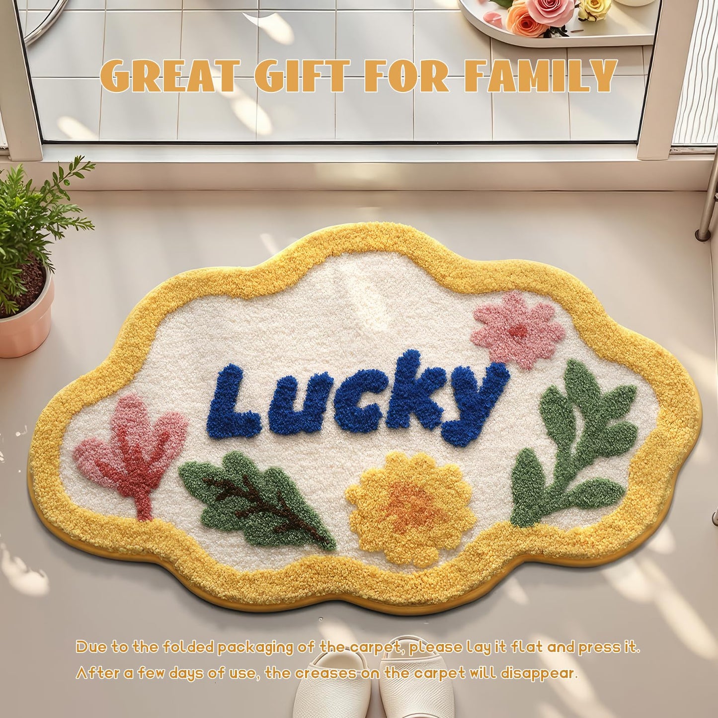 Cloud Shaped Lucky Bath Mat, Non-Slip Fluffy Floral Doormat with Blue Letter, Ultra Absorbent Microfiber Rug, Yellow Edge Machine Washable Carpet for Bathroom Doorway 20x31 Inch (Yellow)