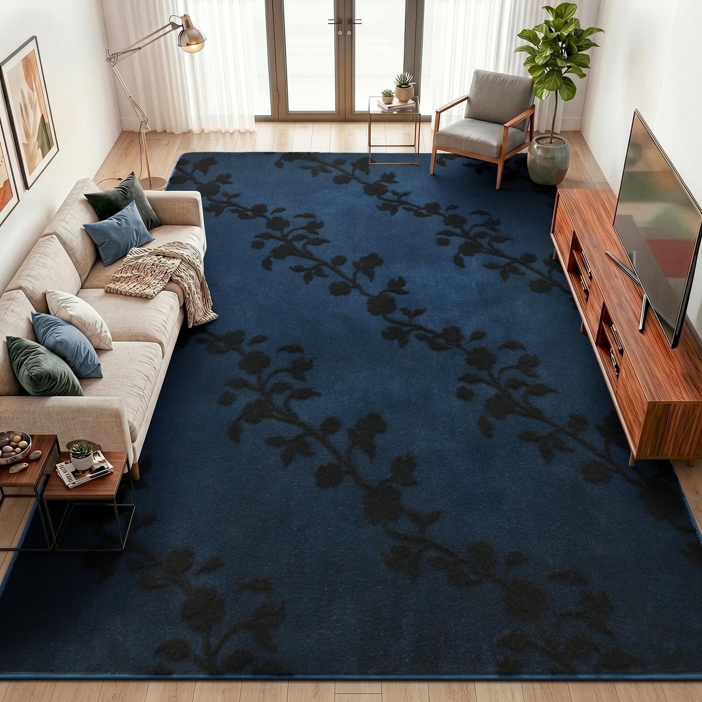 Opreine Large Area Rugs for Living Room Bedroom, 6x9 Feet Navy Blue Thickened Memory Foam Indoor Washable Rug, Black Flower Gothic Non-Slip Soft Carpets for Girls Boys Padded Rugs Dorm Room Mat