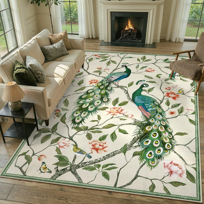 Anidaroel Whimsical Peacock Feathers Area Rug, 8x10 Washable Rugs for Living Room Eclectic Bird Carpet, Soft Large Bedroom Rug Stain-Resistant Dining Room Floor Carpet for Study Home, Beige
