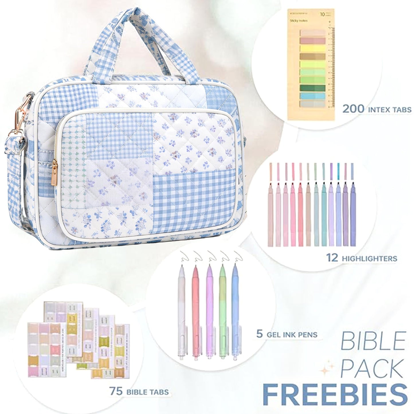Bible Cover Case for Women Bible Study Supplies Christian Gifts for Women Church Camp Essentials Christian Bible Journaling Kit Quilted Large Bible Cover (Spliced Blue Flower, Large)