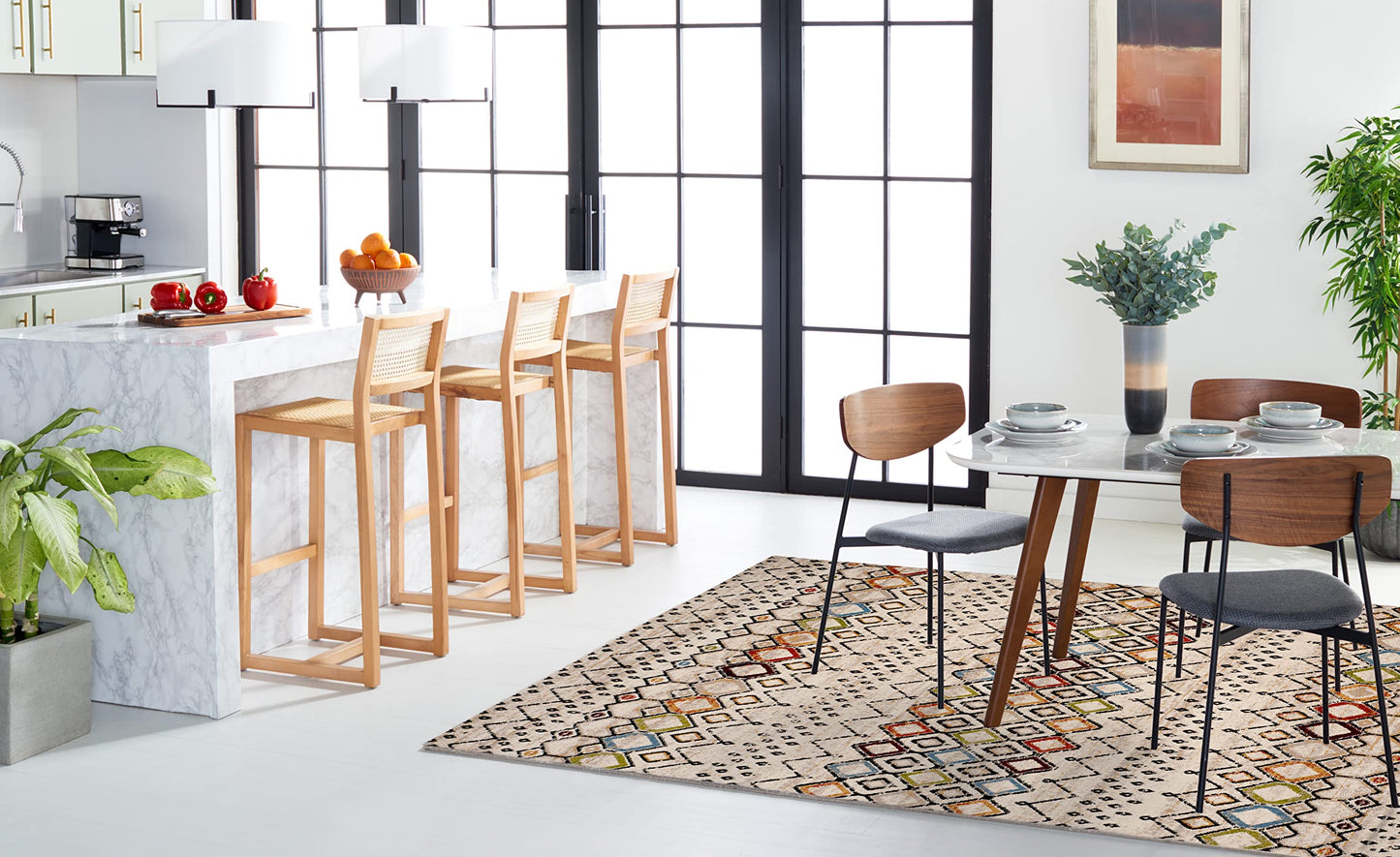 SAFAVIEH Amsterdam Collection Area Rug - 6'7" x 9'2", Ivory & Multi, Moroccan Boho Design, Non-Shedding & Easy Care, Ideal for High Traffic Areas in Living Room, Bedroom (AMS108K)
