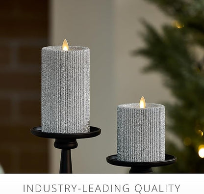 Luminara Brilliant Silver Glitter Ribbed Flameless LED Candle Moving Flame Pillar, Real Wax, Flat Top, Timer (3.25" x 6.5")