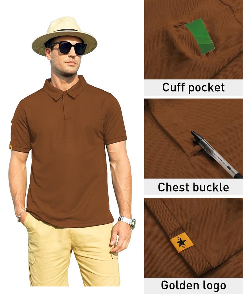 ZITY Mens Polo Shirt Short Sleeve Sports Tactical T-Shirt Athletic Golf Polos Daily Casual Stylish Collared Shirts for Men Light Brown 3X-Large