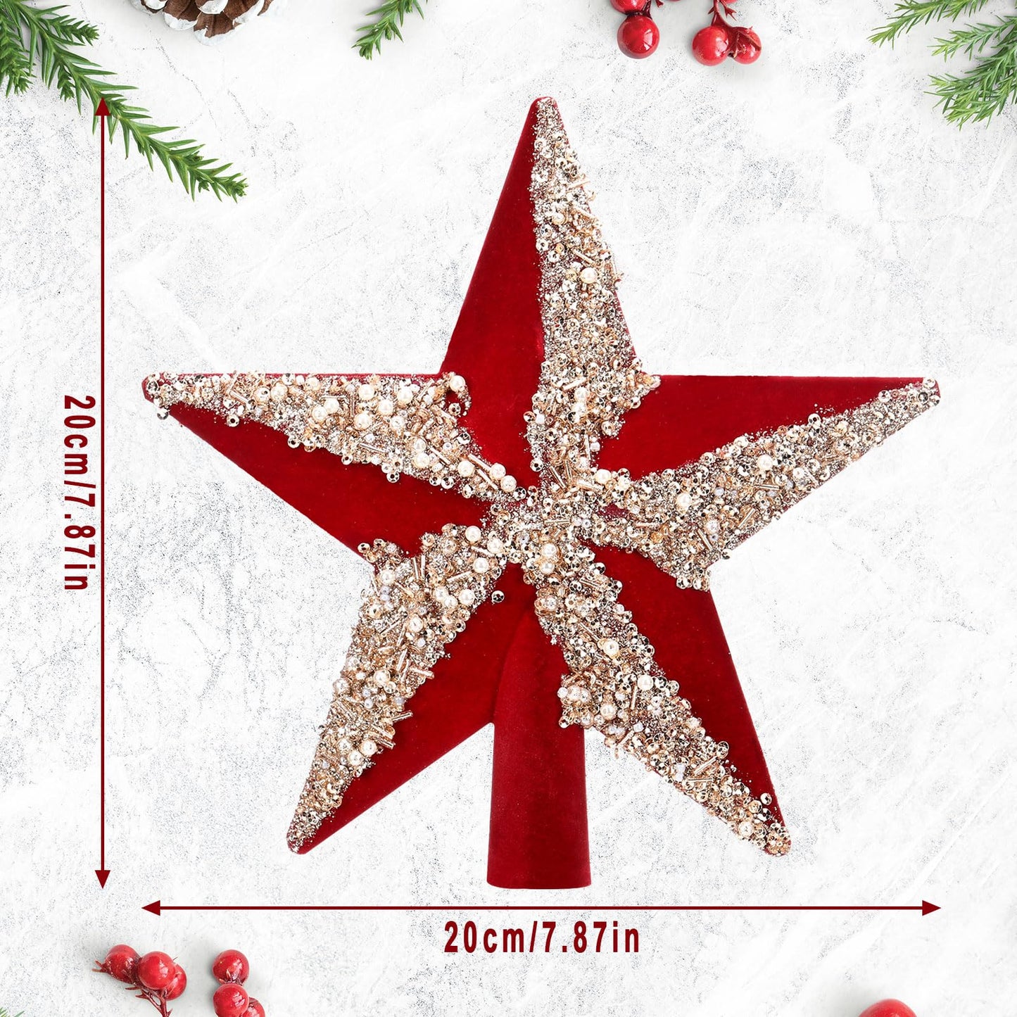 Soulchen 7.87 Inches Christmas Tree Topper Velvet Glitter Star Tree Topper Red Silver Holiday Bethlehem Star Ornament Decorative Christmas Decoration Xmas Gift Home Decor