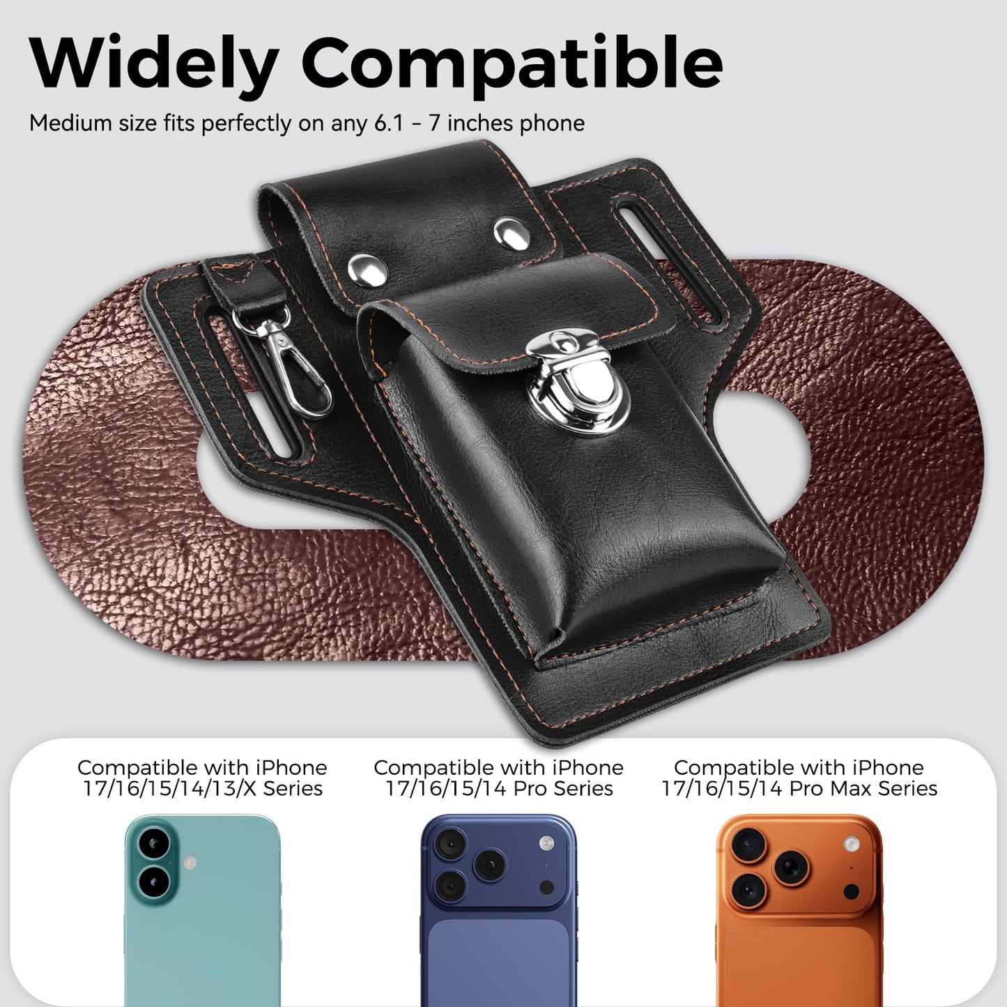 Leather Phone Holster for iPhone 17/16/15/14/13/12/their Pro & Pro Max, Belt Clip Cell Phone Case for Galaxy S25/S24/S23, Multitool Magnetic Closure Belt Pouch, Fits All Phones up to 7" (Ebony)