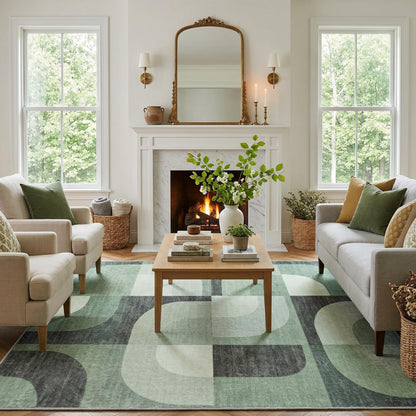 8X10 Area Rugs Modern Abstract Non Slip Washable Large Carpet for Living Room Bedroom, Green Rug 8X10 Geometric Pattern for Kids Nursery Thin 8 by 10 Indoor Home Decor Pet & Child Friendly