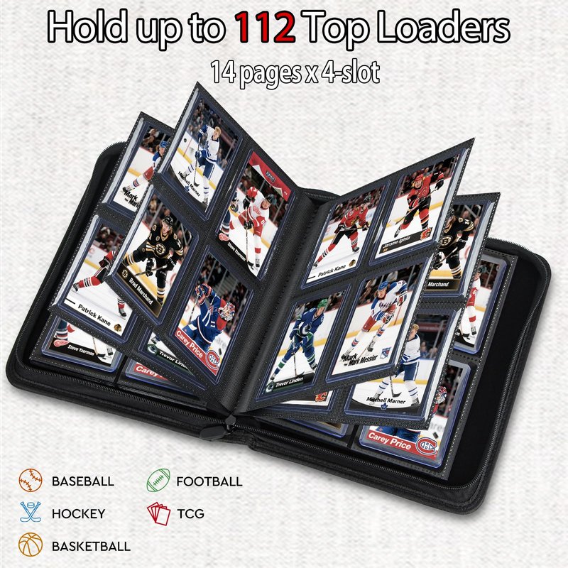 ULTRGEE 4 Slot Top Loader Binder, Top Loaders Collection Storage Album for Trading Cards and Sports Cards - Holds 112 Top Loader, NOT Suitable for Cards WITHOUT Top Loaders(Gray)