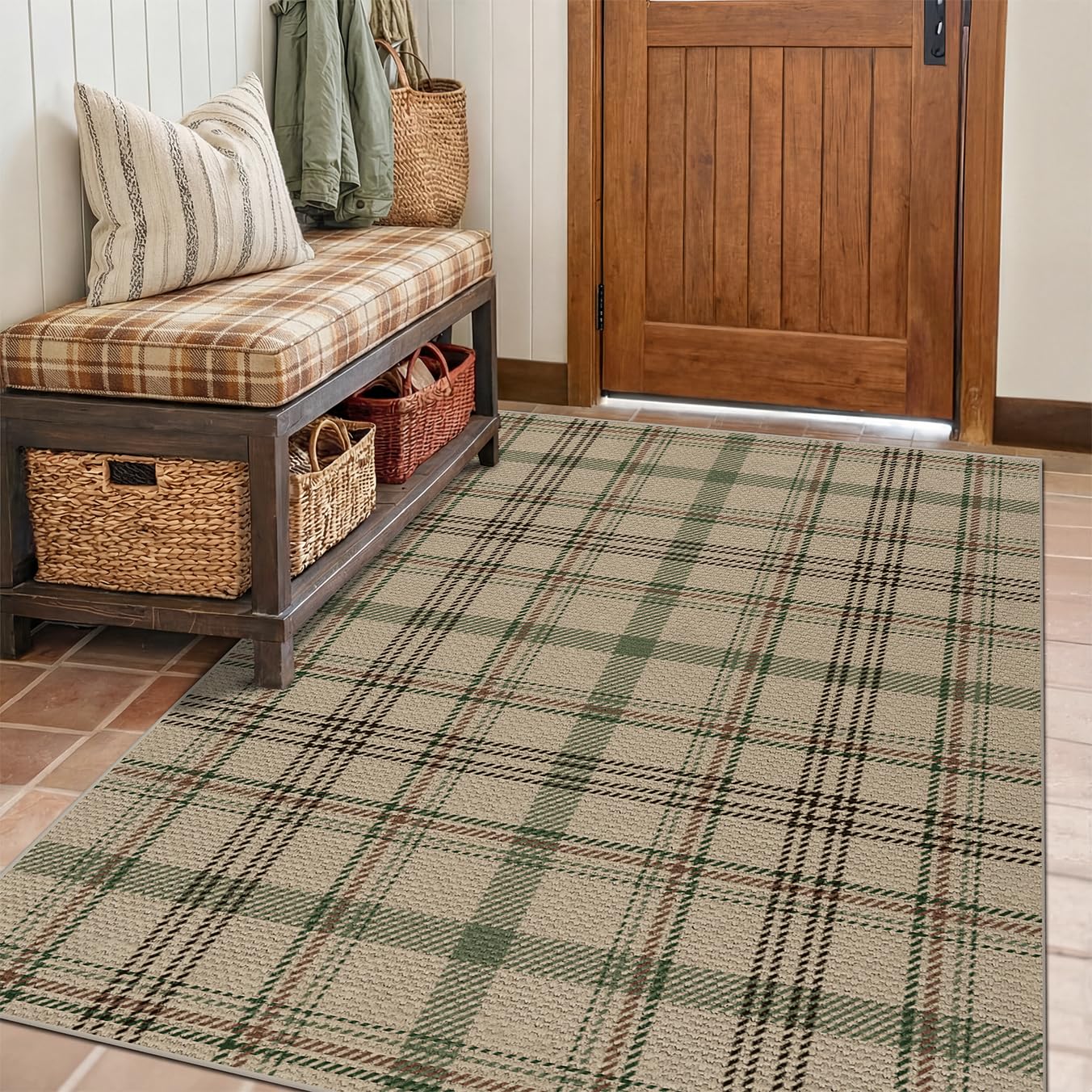 4x6 Easy Jute Large Entryway Rug - Washable Plaid Rug for Small Living Room, Non Slip Farmhouse Decor for Bedroom Bedside, Kitchen, Patio, Porch, Large Foyer Beige & Sage Striped