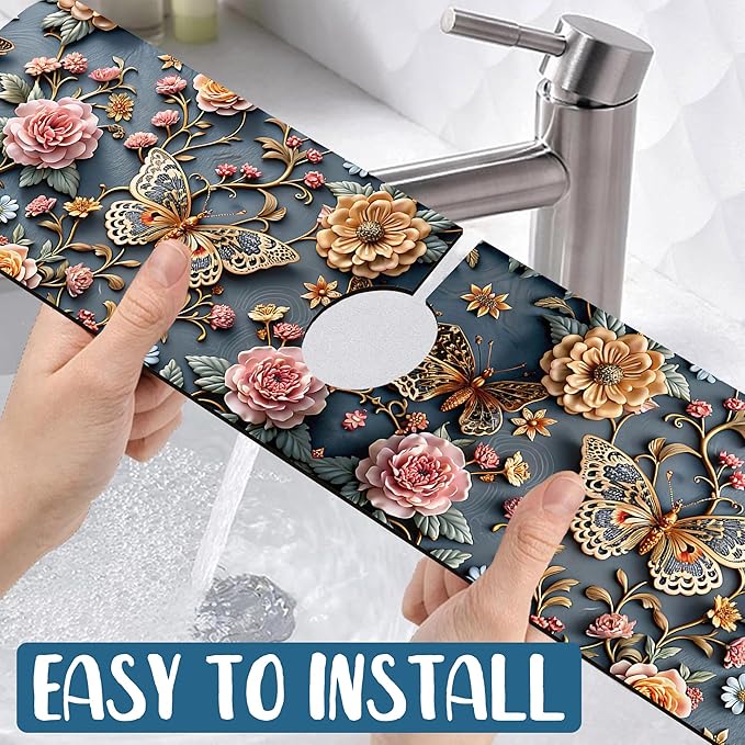 Gold Butterfly Kitchen Sink Splash Guard Faucet Mat Pink Floral Super Absorbent