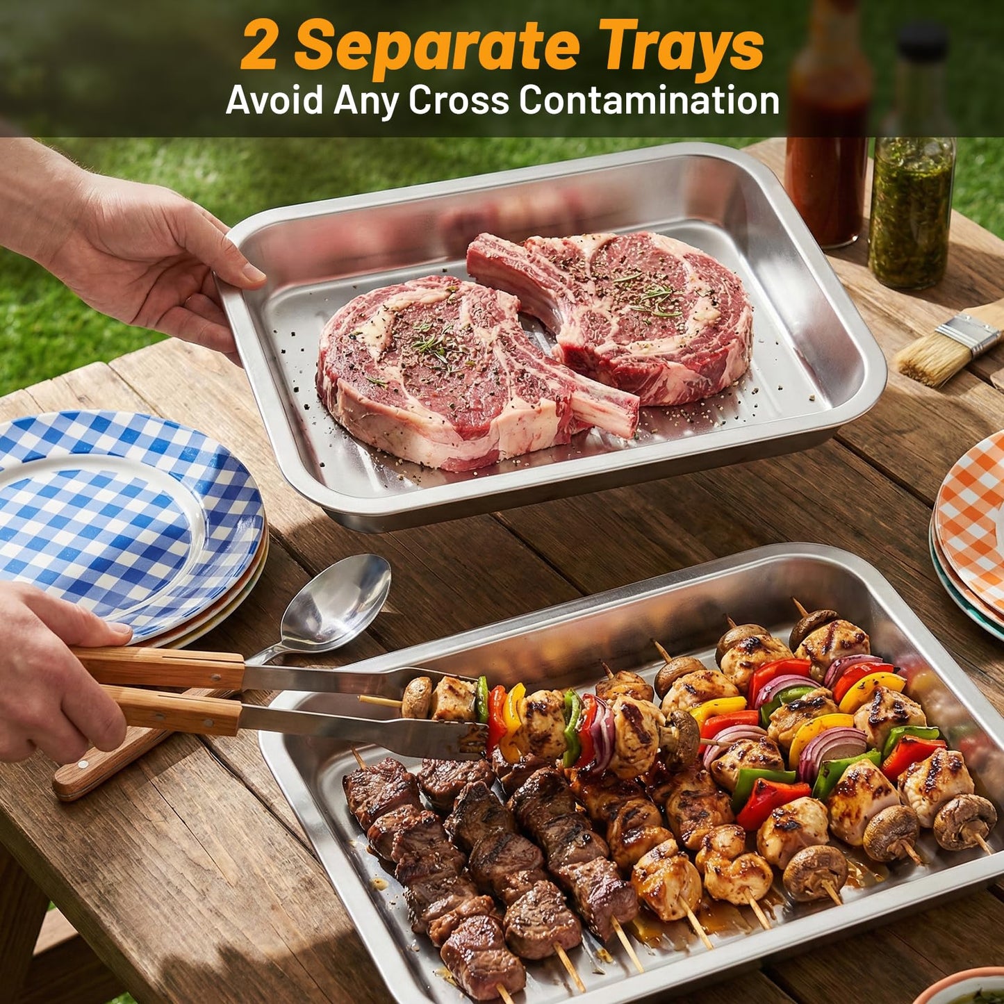 Grilling Prep and Serve Trays, Set of 5 Stackable Stainless Steel BBQ Trays with Lid & Cutting Board & Silicone Mat, Deep Marinating Container, Serving Platter for Plating Food, Large BBQ Prep Tub