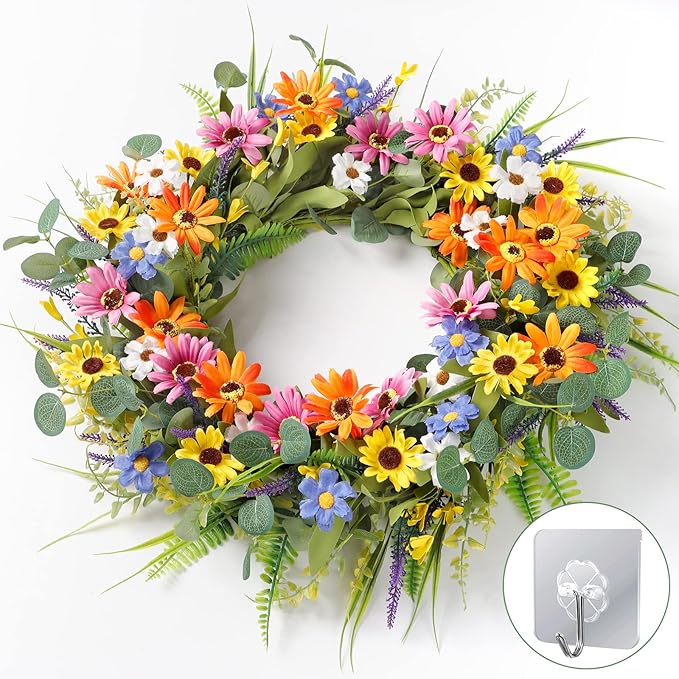 Dremisland 22 Inch Colorful Daisy Wreath Spring Summer Wildflower Wreath with Green Eucalyptus Leaves for Front Door Artificial Floral Wreaths Window Wall Farmhouse Wedding Party Festival Decor