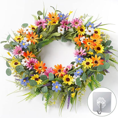 Dremisland 22 Inch Colorful Daisy Wreath Spring Summer Wildflower Wreath with Green Eucalyptus Leaves for Front Door Artificial Floral Wreaths Window Wall Farmhouse Wedding Party Festival Decor
