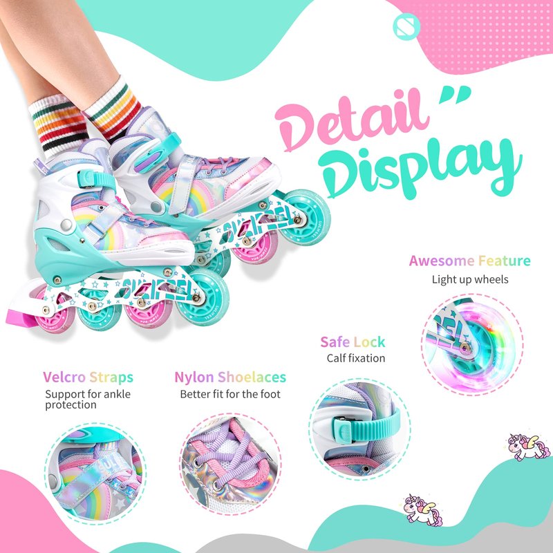 SULIFEEL Rainbow Unicorn Adjustable Inline Skates for Girls Boys and Kids with All Illuminating PU Wheels for Outdoor and Indoor Beginner Skates Medium
