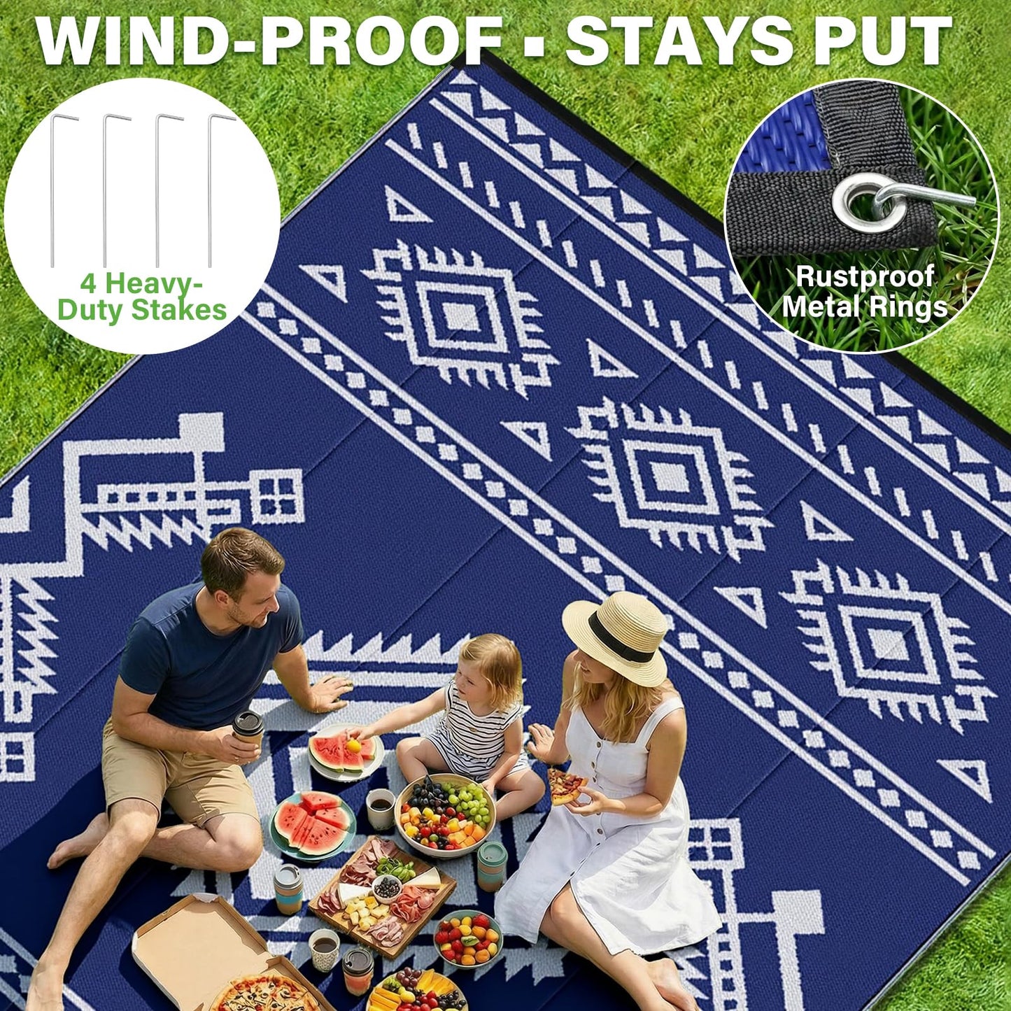 GOTGELIF 9x18 ft RV Camping Rug Waterproof, Large Reversible Bohemian Outdoor Plastic Straw Mat with Carry Bag, 4 Stakes & Seam, UV-Resistant Portable Carpet for Patio Pool Beach Deck (Blue & White)