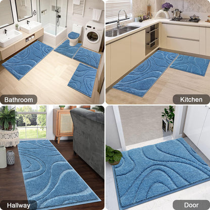 HEBE Bathroom Rugs Sets 5 Piece, Soft Absorbent Microfiber Bath Mat for Bathroom, Non Slip Washable Bath Rug Set with Toilet Cover, Bath Runner and U-Shaped Contour Toilet Rug, Blue