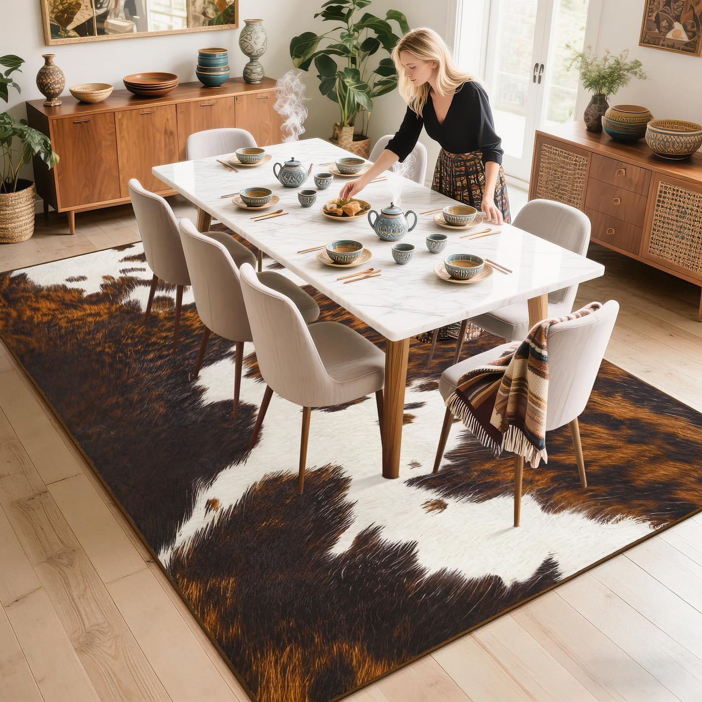 B BENRON Soft Cowhide Rug 4x6 Ft, Faux Cow Hide Rugs for Living Room Bedroom, Non-Slip TPR Backing for Hardwood Floors, Machine Washable & Easy to Clean, Pet Friendly Carpet for Kids, Brown