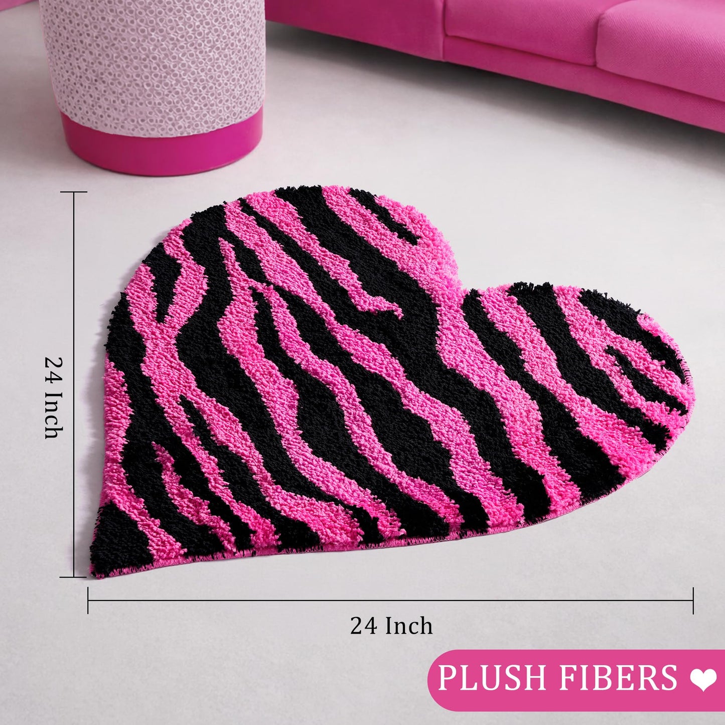 Fttoyoly Y2K Hot Pink Zebra Print Rug, 24 Inch Heart Shaped Soft Plush Small Rug with Non Slip Backing, Y2K Room Decor Aesthetic for Bedroom, Dorm and Vanity