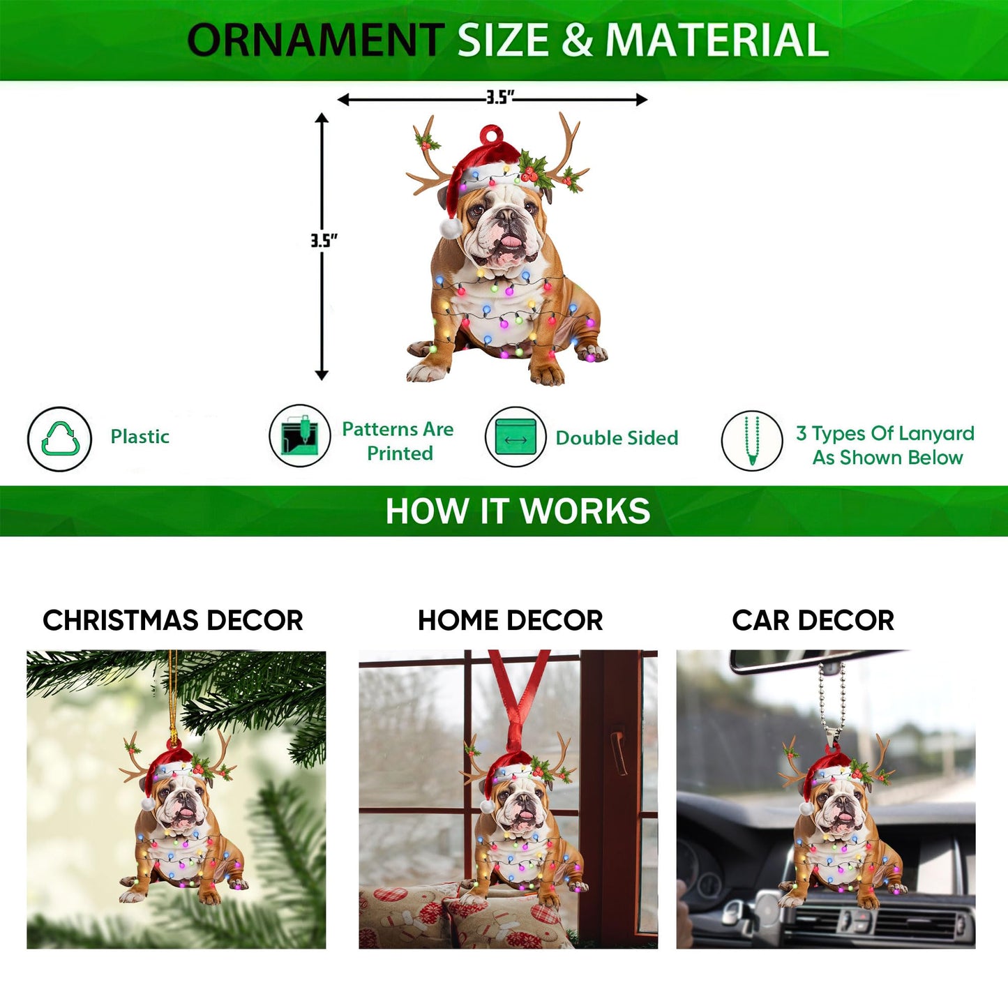 Talataca English Bulldog 2D Flat Christmas Ornament, Bulldog Inglés Christmas Hat Reindeer String Light Pine Tree Decor, Hanging House Charm Eve Keepsake, Car Rear View Mirror Accessories, Xmas Gift