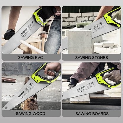 14 in. Pro Hand Saw, 11 TPI Fine-Cut Soft-Grip Hardpoint Handsaw Perfect for Sawing, Trimming, Gardening, Cutting Wood, Drywall, Plastic Pipes, Sharp Blade, Ergonomic Non-Slip Handle (green)