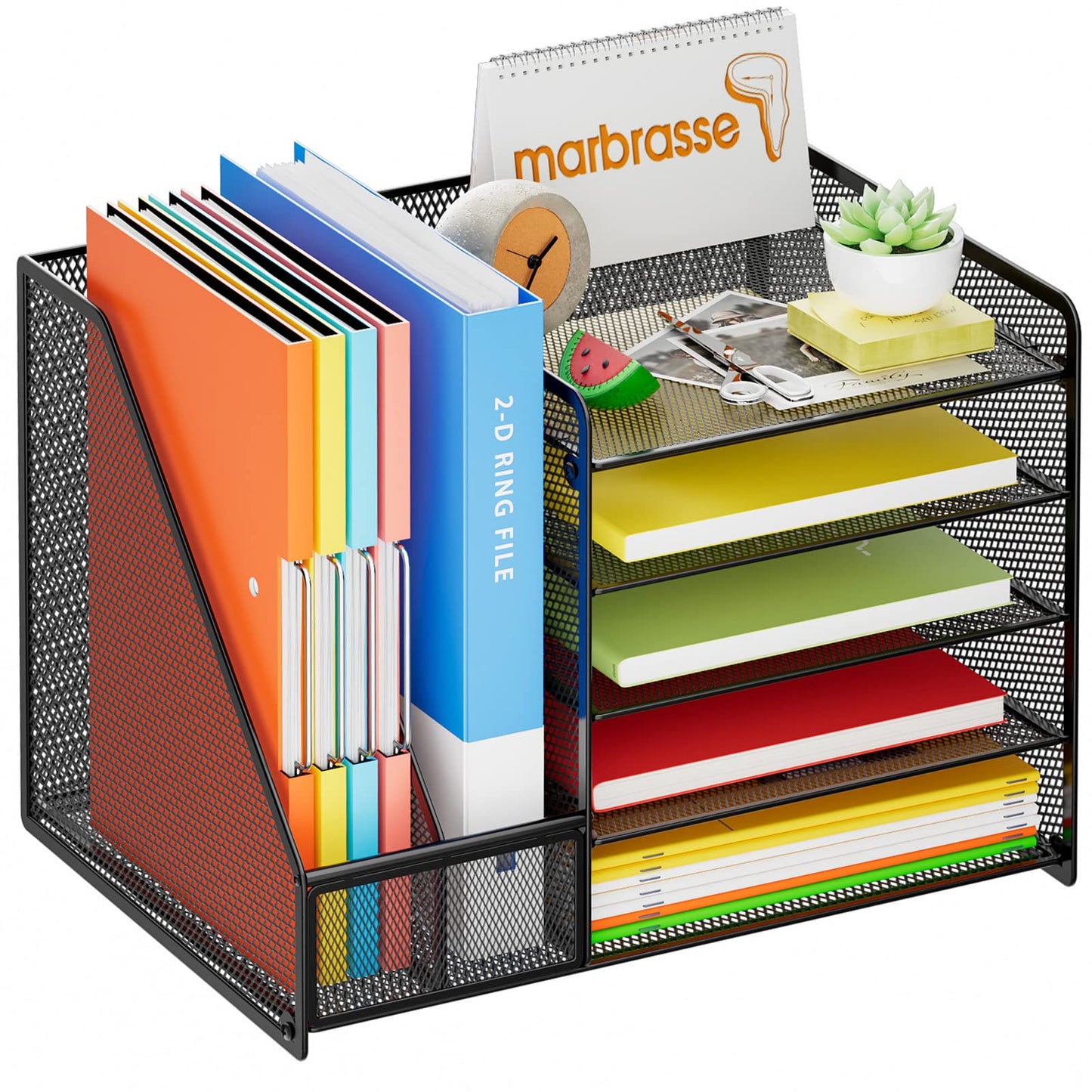 Marbrasse Desk Organizer with File Holder, 5-Tier Paper Letter Tray Organizer, Mesh Desk Organizers and Accessories with Magazine Holder, Desktop Storage for Office Supplies (Black)