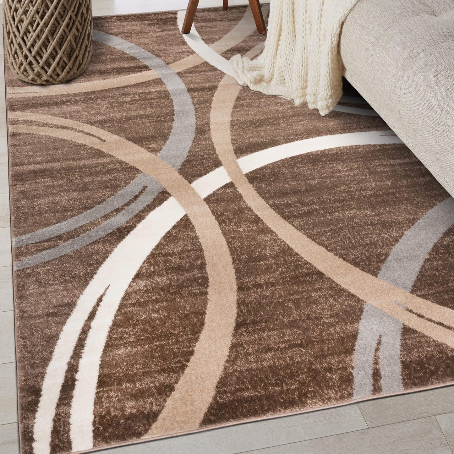 Rugshop Modern Wavy Circles Design Area Rug, Carpet with Jute Backing for Bedroom, Office, or Entryway, Brown, 4' x 6'