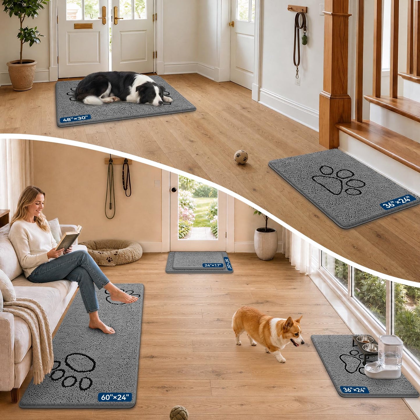Bcoimo Super Absorbent Chenille Doormat – Non-Slip Quick Dry Entryway Rug Ideal for Homes with Dogs, Machine Washable Dirt Trapper for Muddy Paws (Grey 30×20 Inches)
