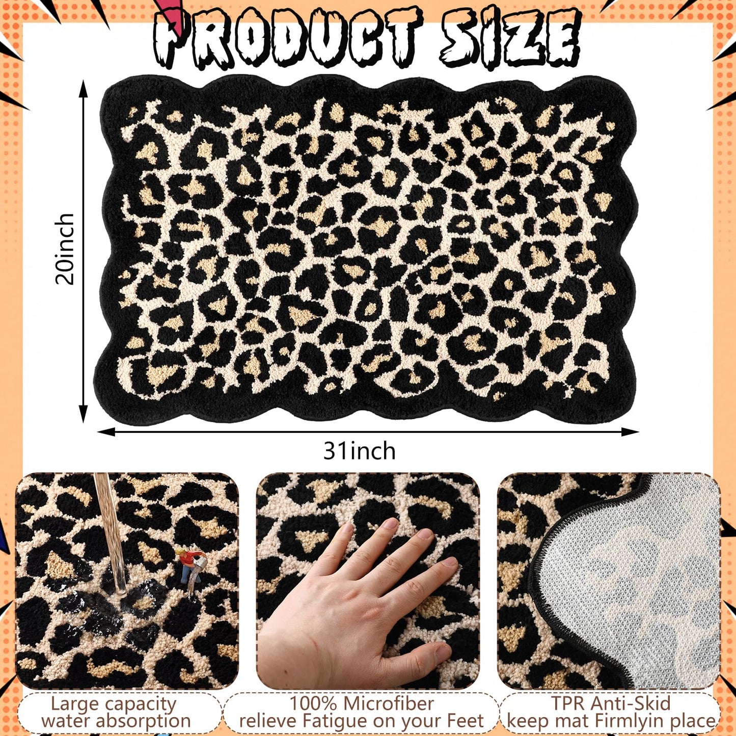 Dunzy Scalloped Cheetah Rug Leopard Bathroom Mat Cheetah Print Room Decor Cute Absorbent Bath Mat for Bathroom Non Slip Soft Leopard Bath Rug Western Decor for Home Living Room Bedroom, 20 x 31
