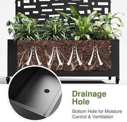 Casaphoria Metal Raised Garden Bed with Trellis and Wheels, 47"x47"x16" Planter Box for Climbing Plants, Vegetables & Vines, Features Drainage Holes and Privacy Screen (Black-Gerald)