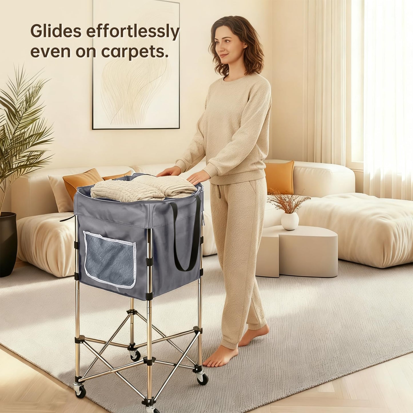 TAIALPHAYI 35.9" Tall Laundry Cart with Wheels, No-Bend Rolling Laundry Basket, Stable Stainless Steel Frame, Collapsible Laundry Hamper for Bathroom, Dorm & Bedroom, 600D Washable Bag – Grey