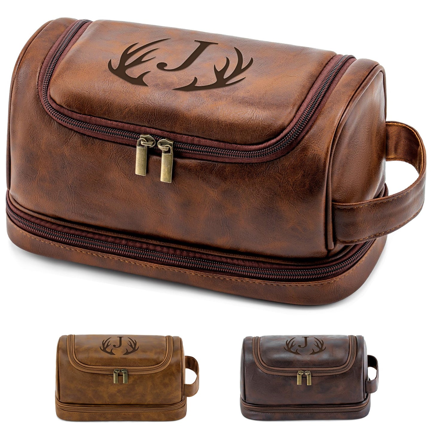 Aganmi Personalized Toiletry Bag Fathers Day Birthday Gifts for Men Dad Husband, Custom Initial PU Leather Waterproof Toiletry Organizer Dopp Kit Shaving Bag Travel Essential for Men (Reddish Brown J)