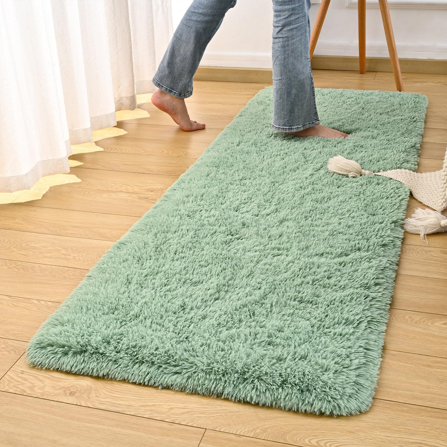 DweIke Fluffy Sage Green Runner Rugs for Bedroom, 2x6 Feet Soft Plush Long Runners for Girls Boys Kids, Non-Slip and Machine Washable Bedside Rug, Small Throw Carpet for Hallway Rooms Decor