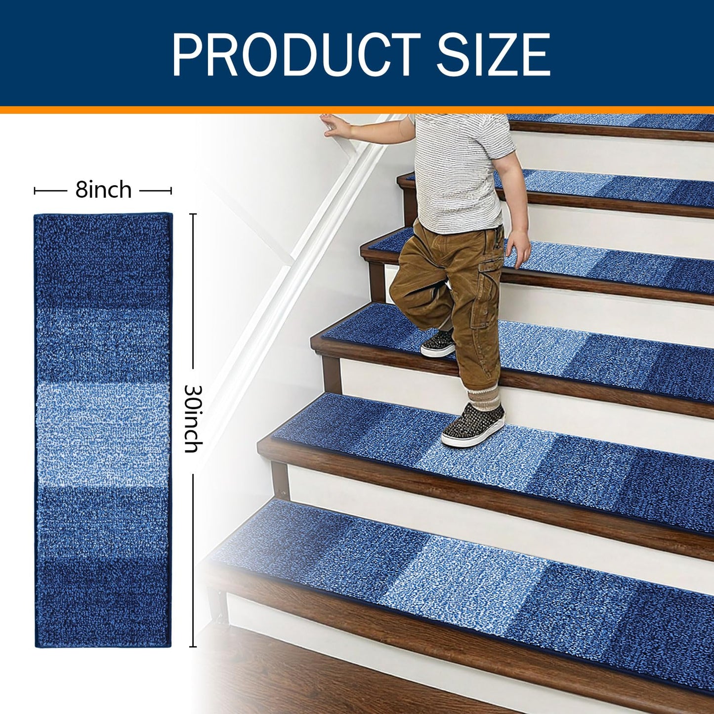 OLANLY Stair Treads Non Slip 15PCS, 8" x 30" Indoor Stair Runners for Wooden Steps, Edging Stair Rugs with Reusable Peel and Stick Adhesive for Kids Elders and Pets, Navy