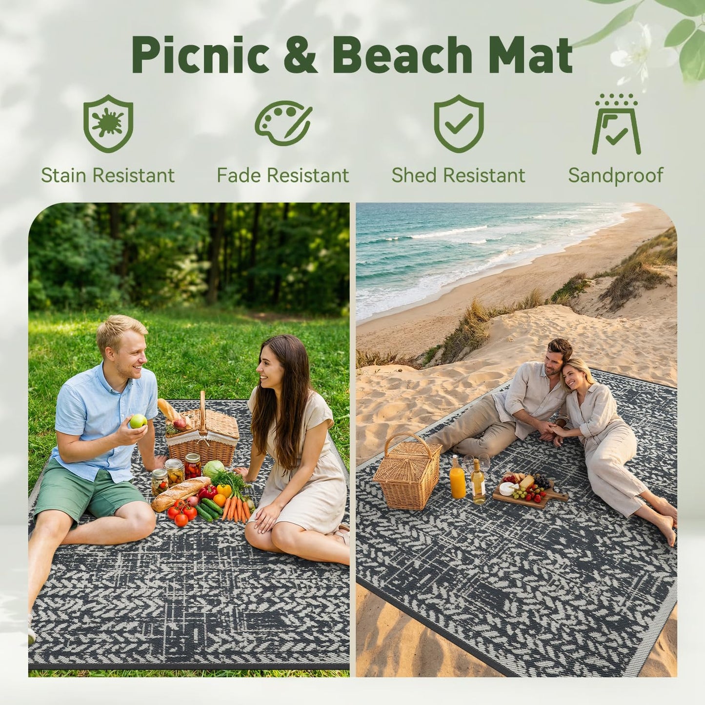 MontVoo Outdoor Rug 8x10 Waterproof-Patio Rug Mat Outdoor RV Camping Picnic Beach Mat Plastic Straw Rugs Outside Outdoor Area Rugs for Balcony Deck Backyard Grey
