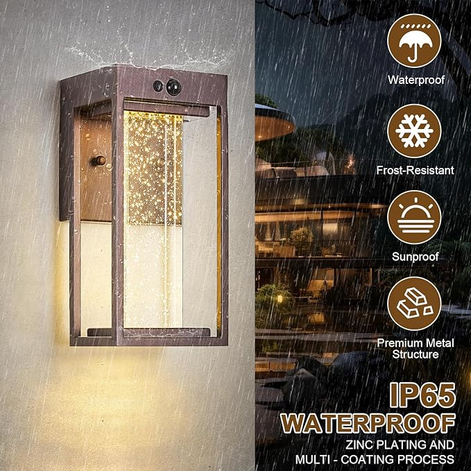 2Pk Oil Rubbed Bronze Solar Outdoor Sconces with 3 Modes Motion Sensor Crystal Exterior Light Fixtures with 4500K 250LM LED Outside Lights for House Waterproof Dusk to Dawn Solar Porch Lights