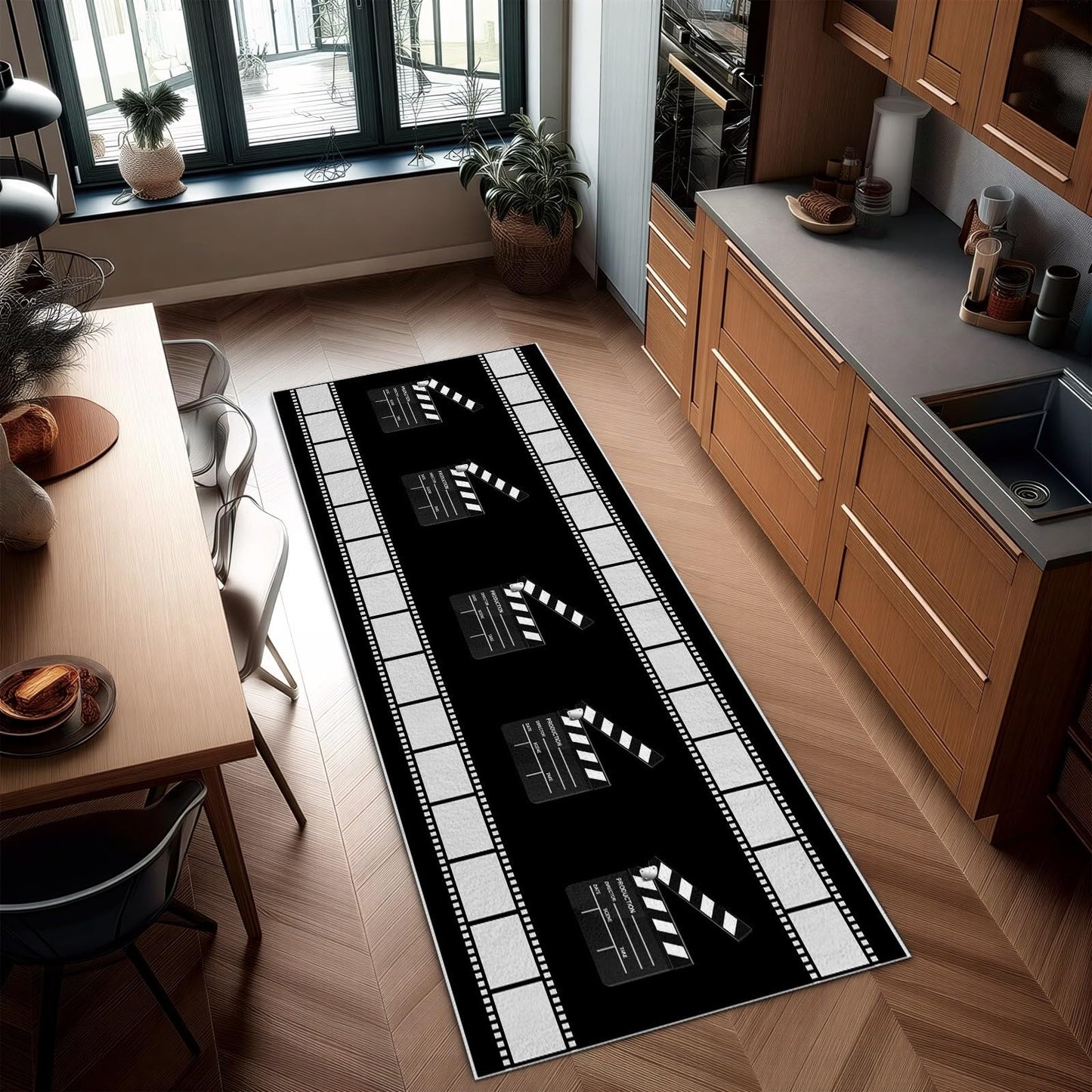 Black and White Movie Time Runner Rug, 3x8ft, Home Cinema Theatre Rug, Clapboard Ticket Print Design Rugs, Vintage Non Slip Soft Low Pile Washable Carpet for Bedroom Hallway