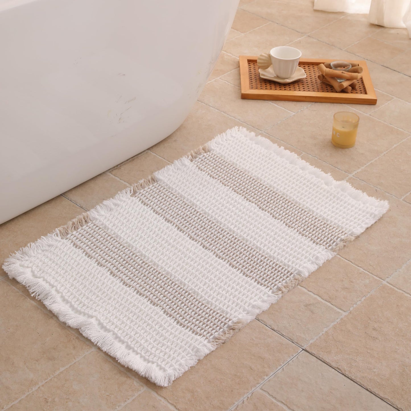 KaviKon Waffle Bath Mat Non Slip, Boho Bathroom Rug, Super Absorbent Quick Dry Bathroom Mat, Soft Farmhouse Bath Rug with Tassels, Small Washable Shower Mats for Floor 16"x24", White and Taupe